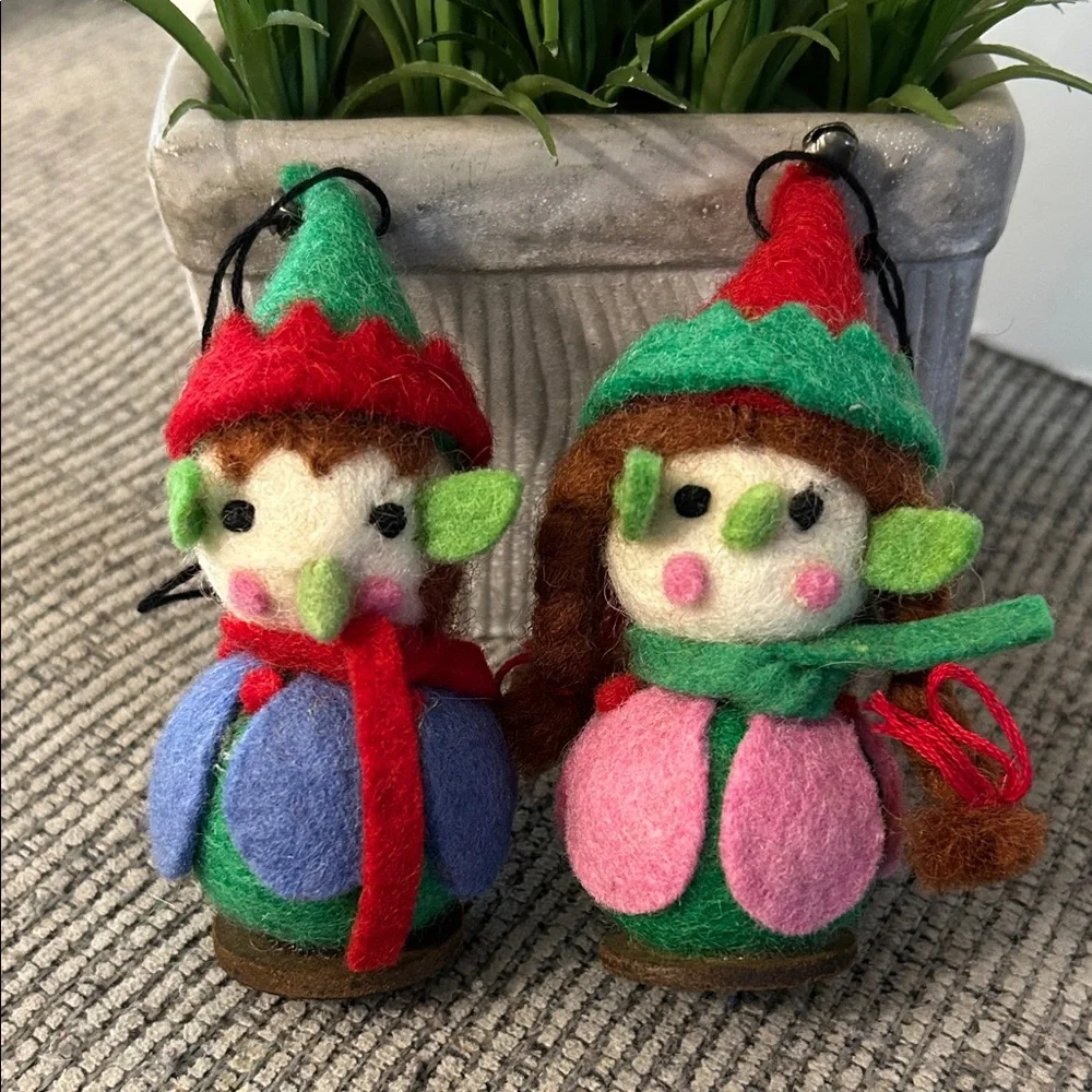 Pier 1 Felt Elf Ornament set boy girl Christmas tree ornaments